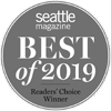 This image shows a circular badge from Seattle Magazine, stating "Best of 2019 Readers' Choice Winner."