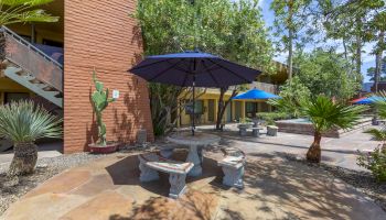 Outdoor patio with stone tables and benches under umbrellas, surrounded by desert plants and trees near a building.