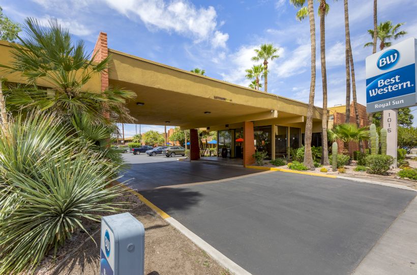 This image shows the entrance of a Best Western Royal Sun hotel, featuring a driveway, palm trees, and the hotel's signage on the right.