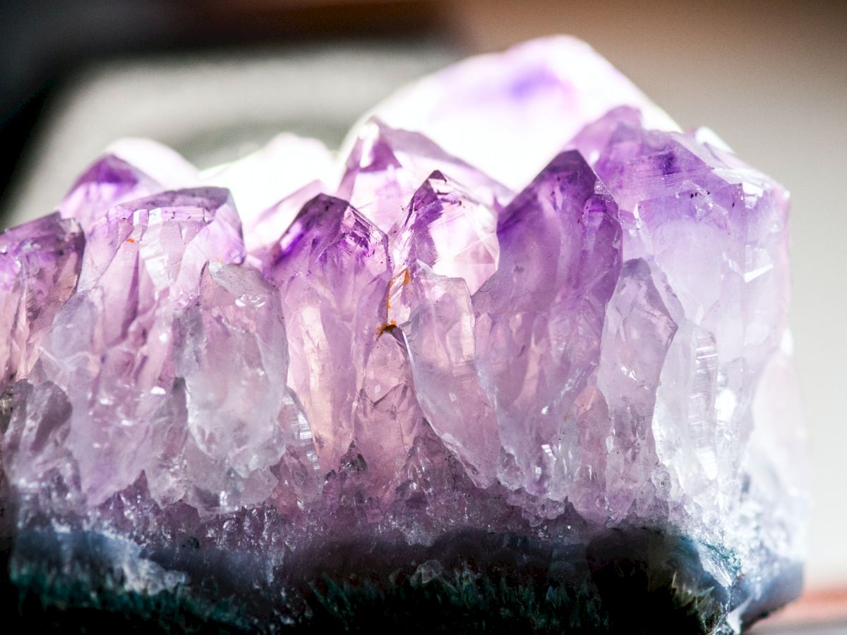 The image shows a close-up of a cluster of amethyst crystals with a gradient of purple hues and a translucent appearance.