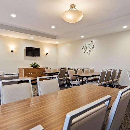 A well-lit room with tables and chairs arranged for a meeting or event, featuring a TV on the wall, and a decorative tree sculpture.