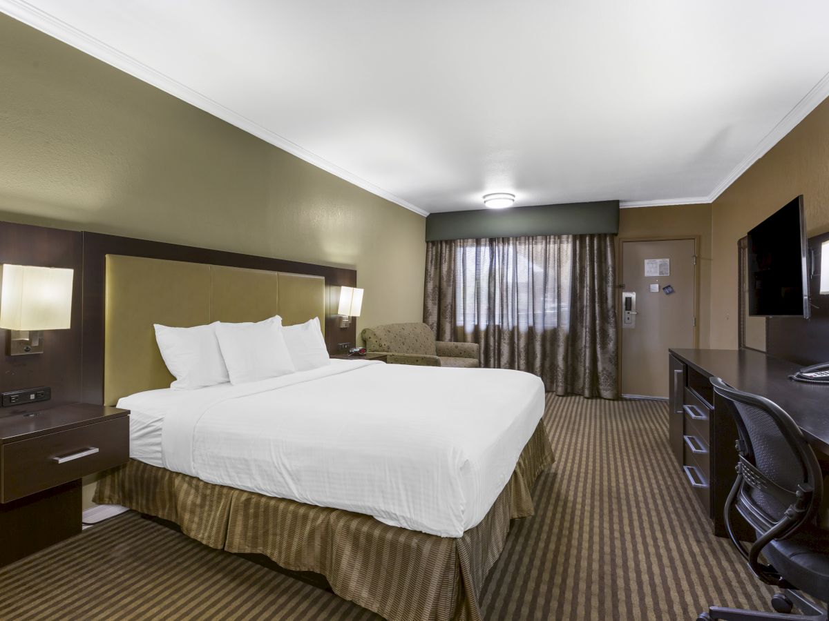 A hotel room with a large bed, bedside tables, desk, chair, TV, lamps, window with curtains, and various furnishings on striped carpet.