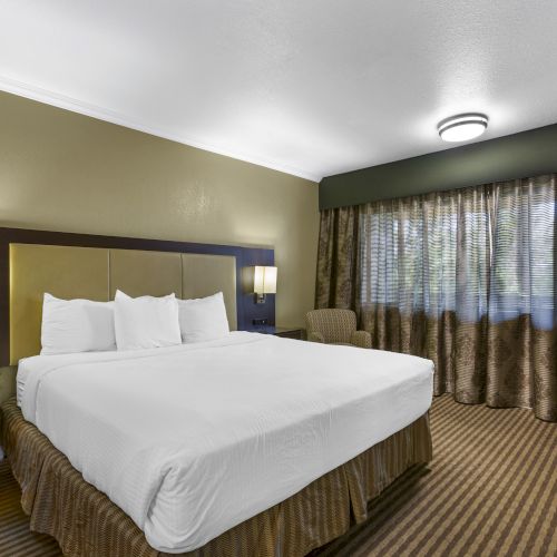 This image shows a hotel room with a king-sized bed, bedside tables with lamps, a large window with curtains, and a patterned carpet.