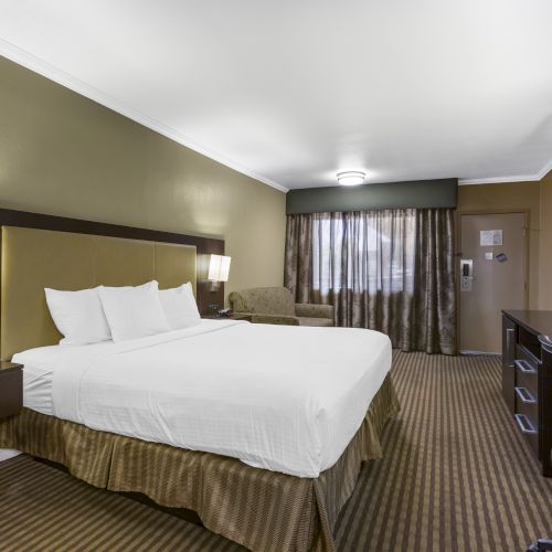 A modern hotel room with a large bed, nightstands, lamps, a desk with a chair, a TV, a chair by the window, and striped carpet flooring.