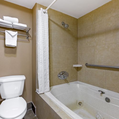 A bathroom featuring a toilet, wall-mounted towel rack with towels, a bathtub, a shower curtain, and a grab bar on the wall near the tub.